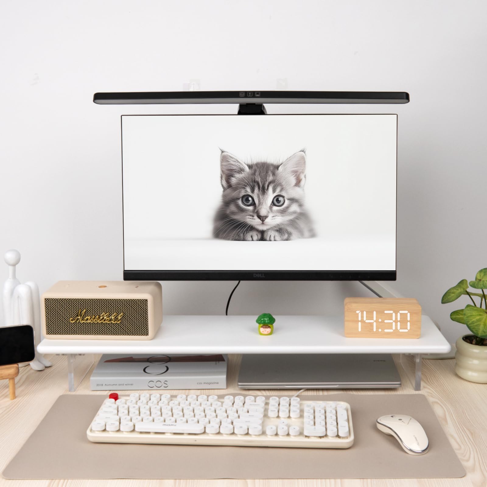 Bambus-Monitorständer mit Acrylfüßen für Schreibtisch, 31,5 Zoll Desktop-Ablage für PC-Monitore, Laptops, Drucker, Lautsprecher (Weiß)