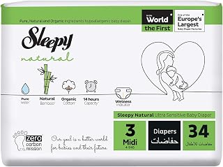 Sleepy Natural Size 3 (NewBorn) | 34 Count | 4-9Kg Hypoallergenic Baby Dry Diapers | Organic Cotton | Highly Absorbent | Bamboo Extract | Ultimate Comfort and Dryness | 100% Leakage Protection