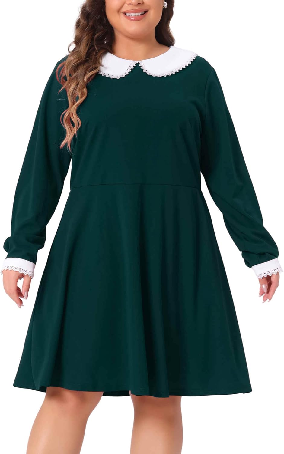 Agnes Orinda Plus Size Dresses for Women Long Sleeve Doll Collars Peter Pan Collar A-line Flare Midi Dress