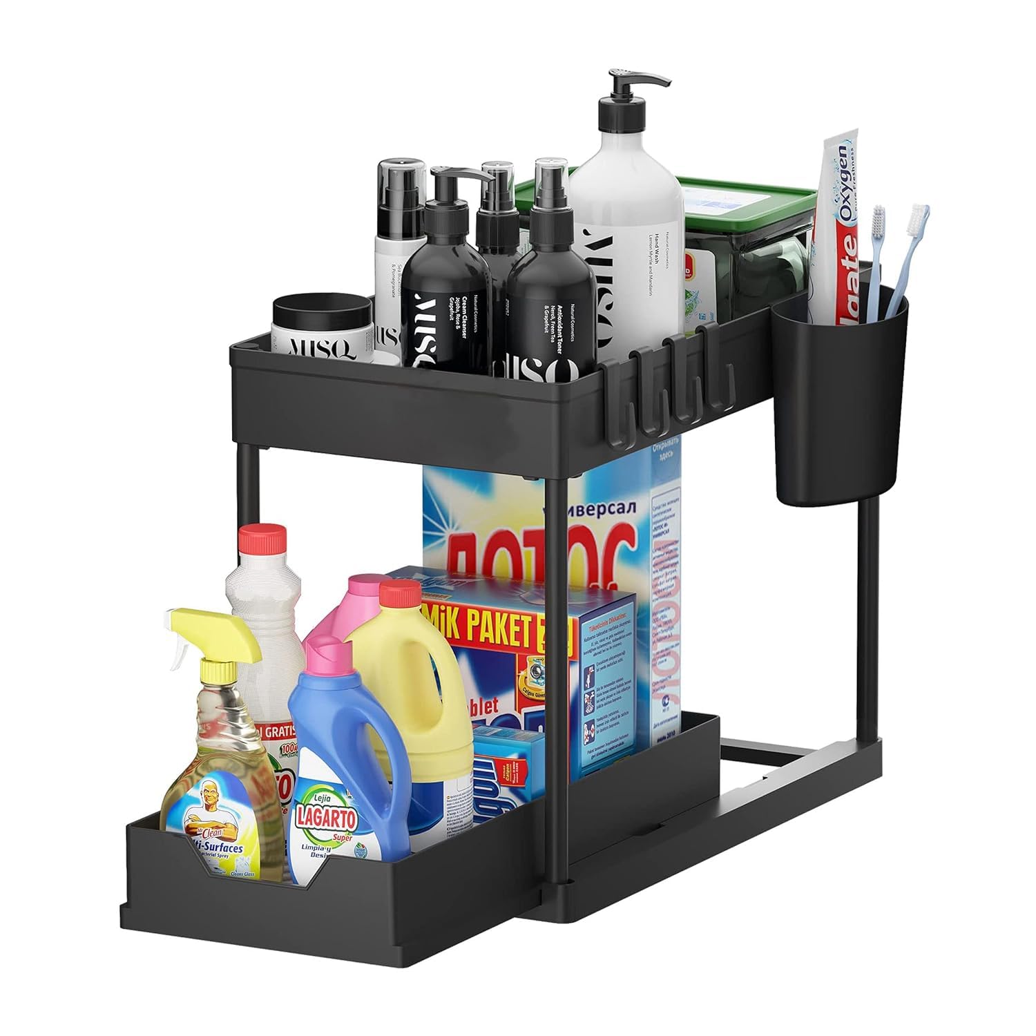 COOLBABY Under Sink Organizer, 2 Tier Multi-Purpose Large Capacity Kitchen Under Sink Organizers And Storage Easy Access Sliding Storage Drawer With Hooks And Hanging Cup For Bathroom Under Sink