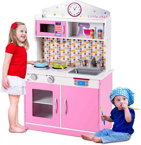 ARLIME Juego de cocina para niños, cocina de juguete de madera con fregadero extraíble, microondas, utensilios de cocina, armario de almacenamiento