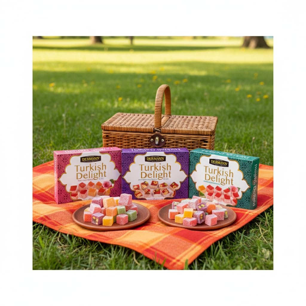 Delicias turcas 4x100g (Set de 4 Sabores: Rosa, Frutas, Frutos Secos y Granada) | Sin gluten | Confitería tradicional de lujo | Vegano, Halal, El Mejor Lokum Turco, Loukoumi