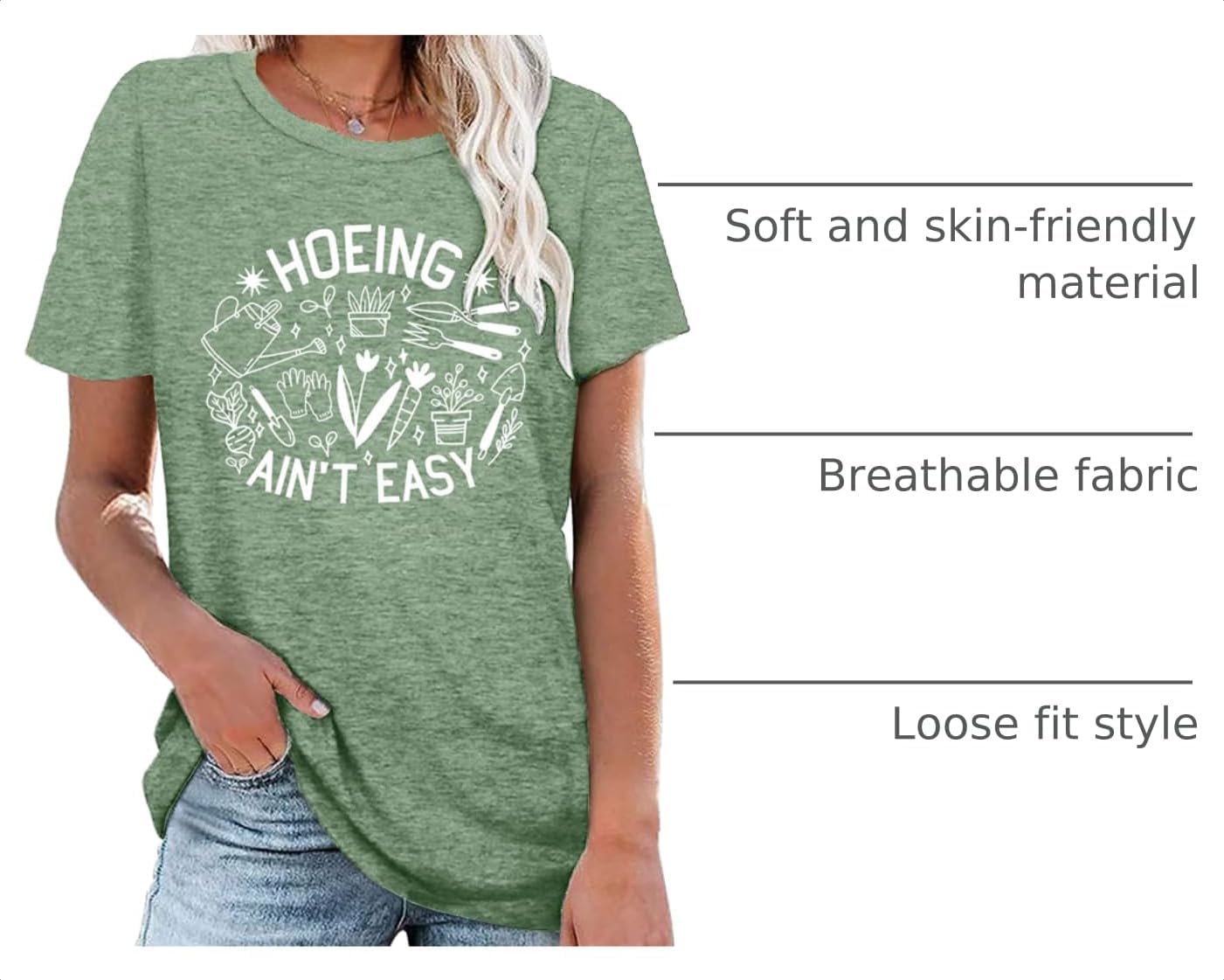 Garden Shirts for Women Plant Lover T Shirt Hoeing Ain't Easy Graphic Tee Short Sleeve Gardener Gift Blouse Tops image 4