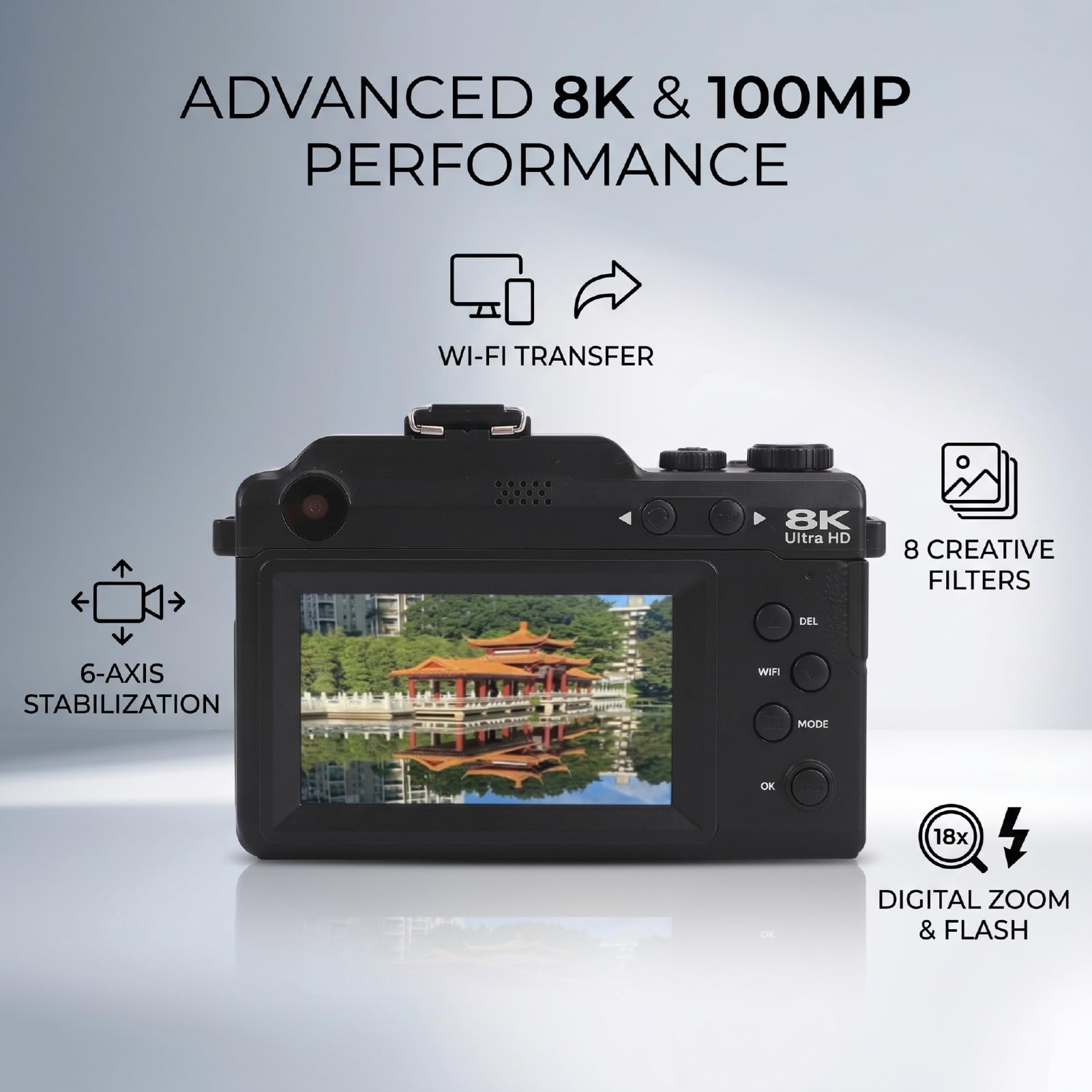 Generic Cámara Digital 8K, Cámaras WiFi de 100MP para Fotografía con Lente Dual de Pantalla HD de 3 Pulgadas, Enfoque Automático con Zoom 18X, Flash Incorporado, 8 Filtros Creativos, (64GB)