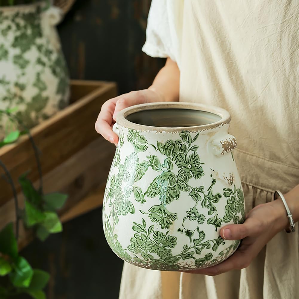 Große grüne keramische Töpfe für Pflanzen, Vintage-Pflanztopf für Zimmerpflanzen, Blumentopf mit Rissglasur-Finish, rustikaler toskanischer Keramiktopf für die Gartenarbeit,M,with Hole