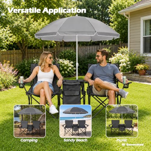 Silla de Camping Plegable Doble con Sombrilla Portátil para Picnic miniatura 6