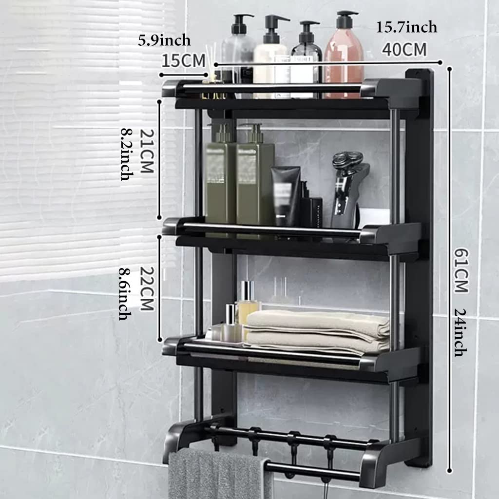 Organizador de baño de acero inoxidable de 3 niveles, gancho extraíble y toallero, adecuado para paredes de azulejos, requiere perforación