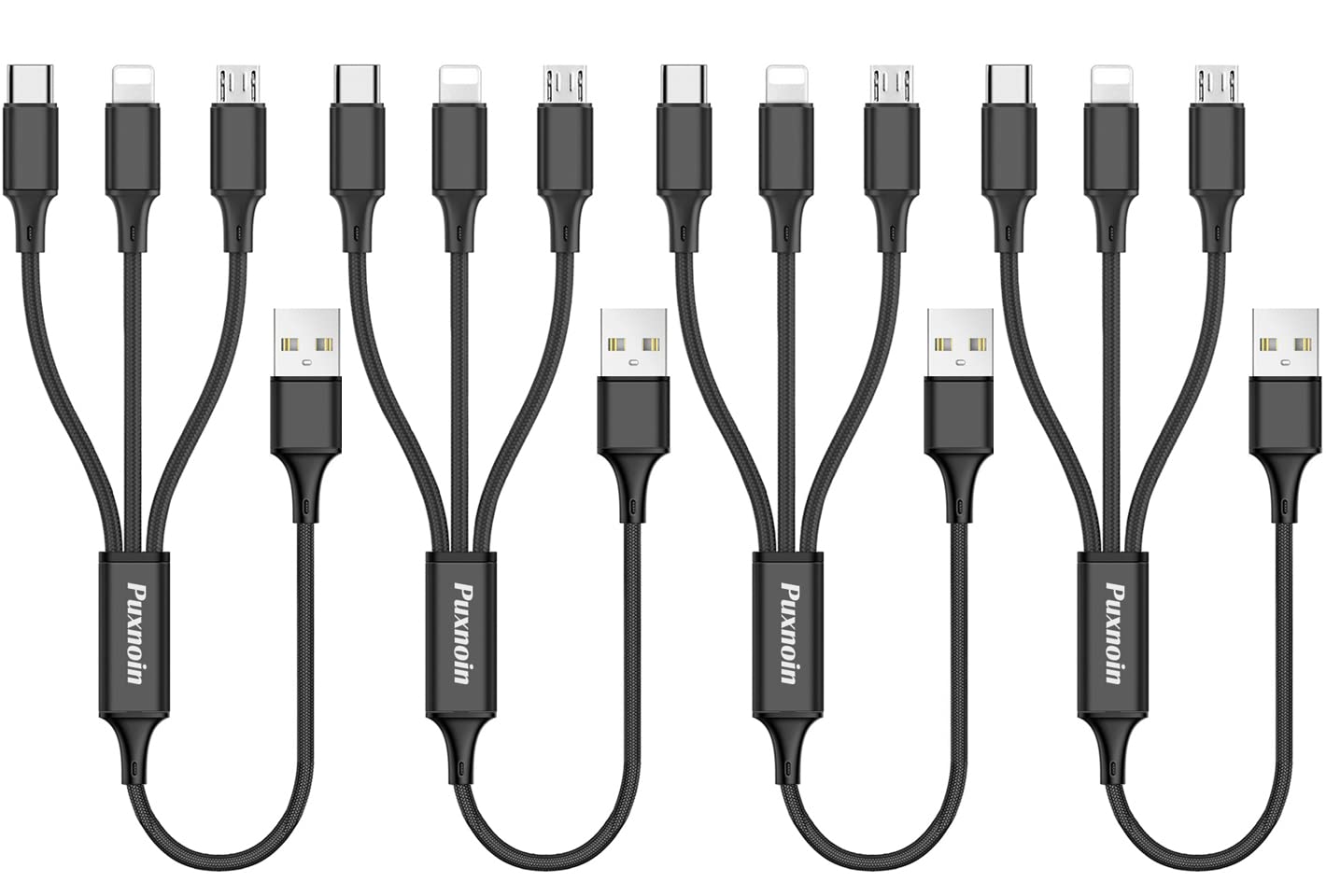 Puxnoin Multi Charging Cable, 4Pack Multi Charger Cable Short 1FT Braided Universal 3 in 1 Multiple USB Cable Charging Cord with Type-C, Micro USB Port Connectors for Cell Phone, Tablets