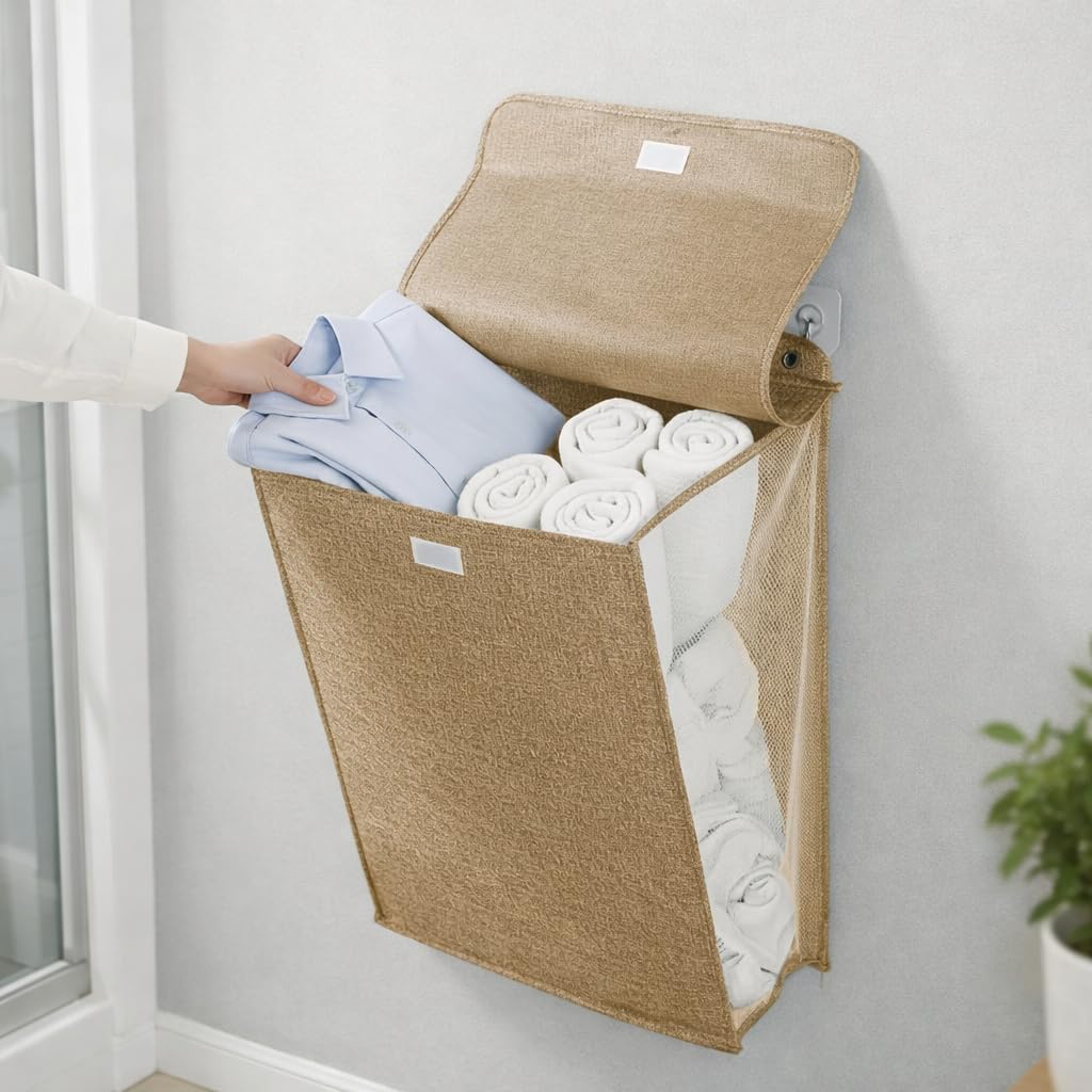 Mechdel Wall Hanging Laundry Basket, Collapsible Hamper with Handle, Foldable Space-Saving Dirty Clothes Organizer, Beige, Regular (Beige, Small)-image-31