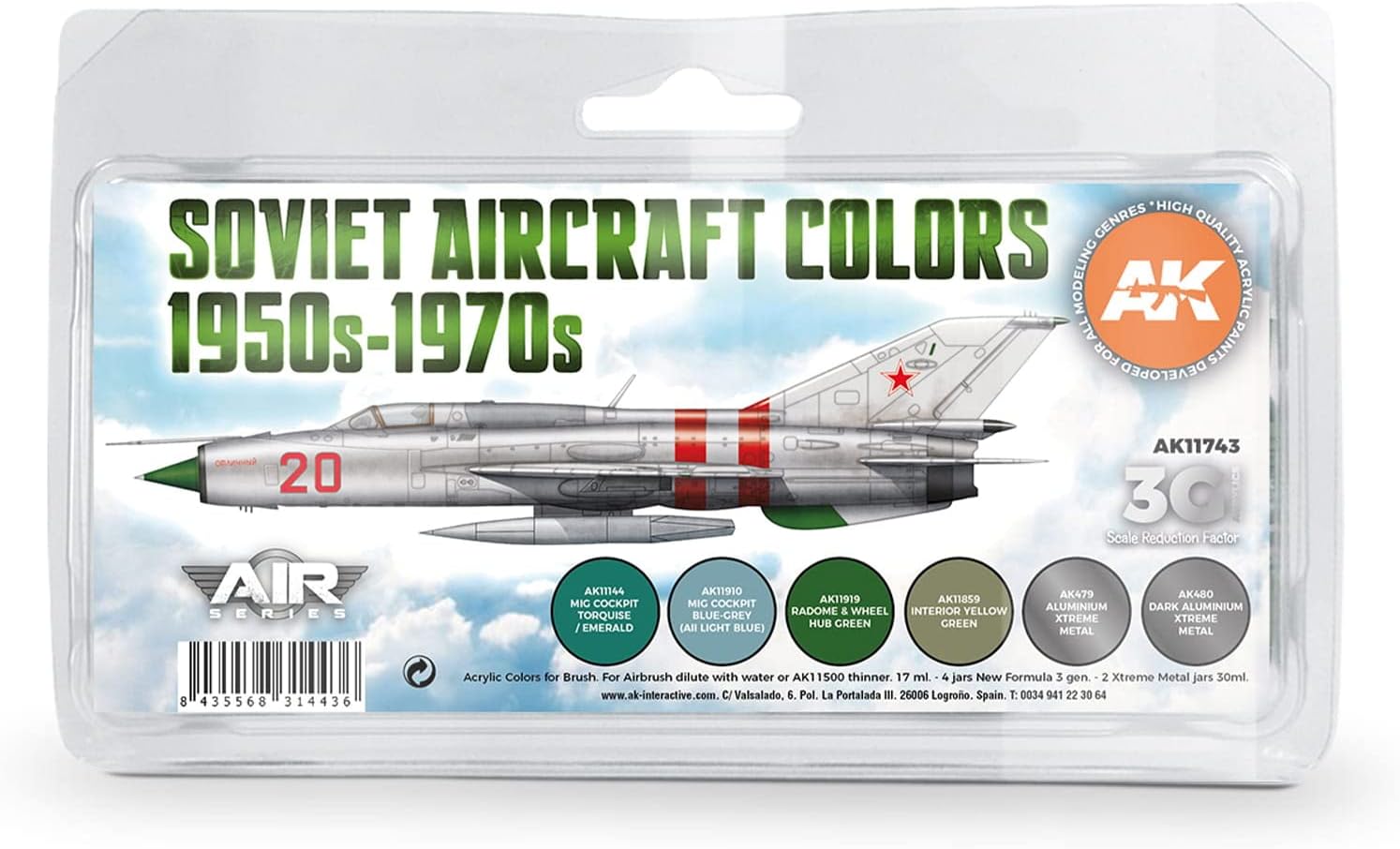 AK Acrylics 3Gen Aircraft Set AK11743 Soviet Aircraft Colors 1950s-1970s Set 3G (8x17ml)