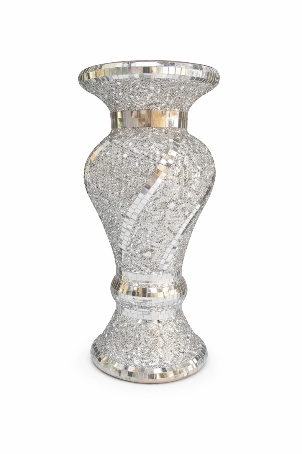Crushed Diamond Silver Sparkle Vase 30cm Handmade Mosaic Mirrored Floral Pot Bling Crystal Flower Vase Ornament Elegant Crushed Diamante Display for Home Decor, Living Room, Wedding Centrepiece
