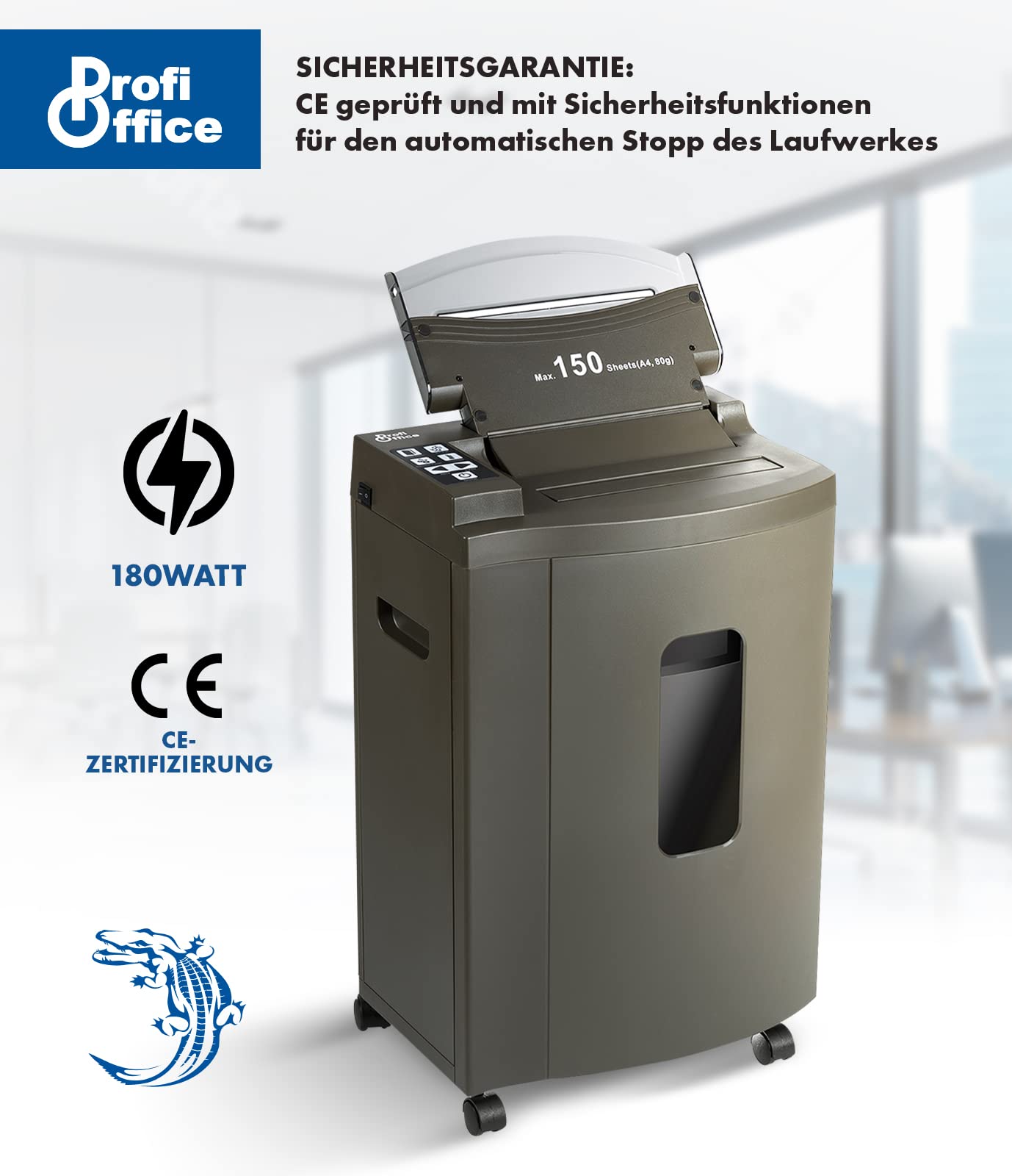 Profi Office Auto Feed niszczarka dokumentów, cięcie cząstek P-5, 150 arkuszy jednocześnie, niezawodna, cicha praca, standard DSGVO (91956)