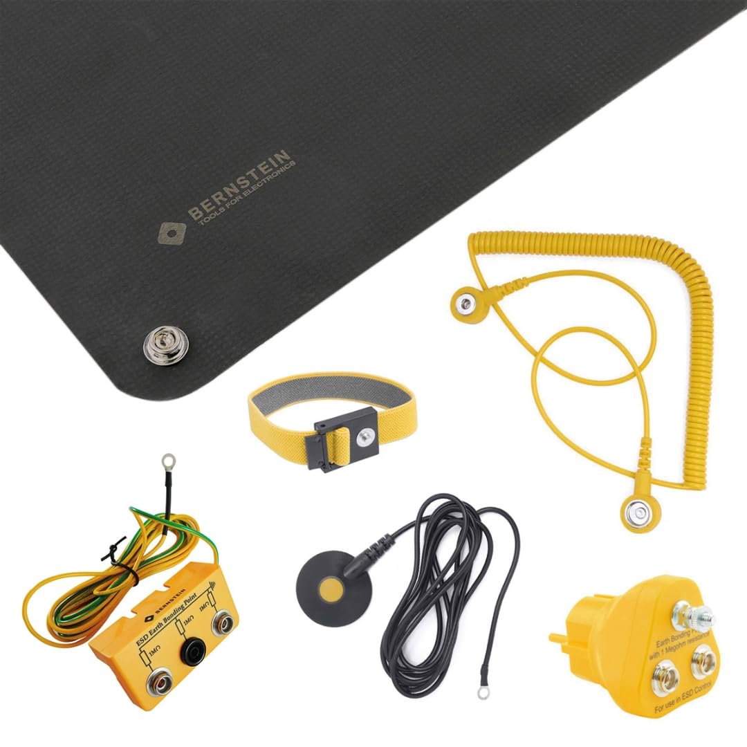BERNSTEIN ESD Handling Set 6-teilig – antistatisches Arbeitsplatz-Set mit faltbarer Matte 500x400 mm, Armband, Spiralkabel, Erdungskabel, Erdungsstecker & Erdungsbaustein