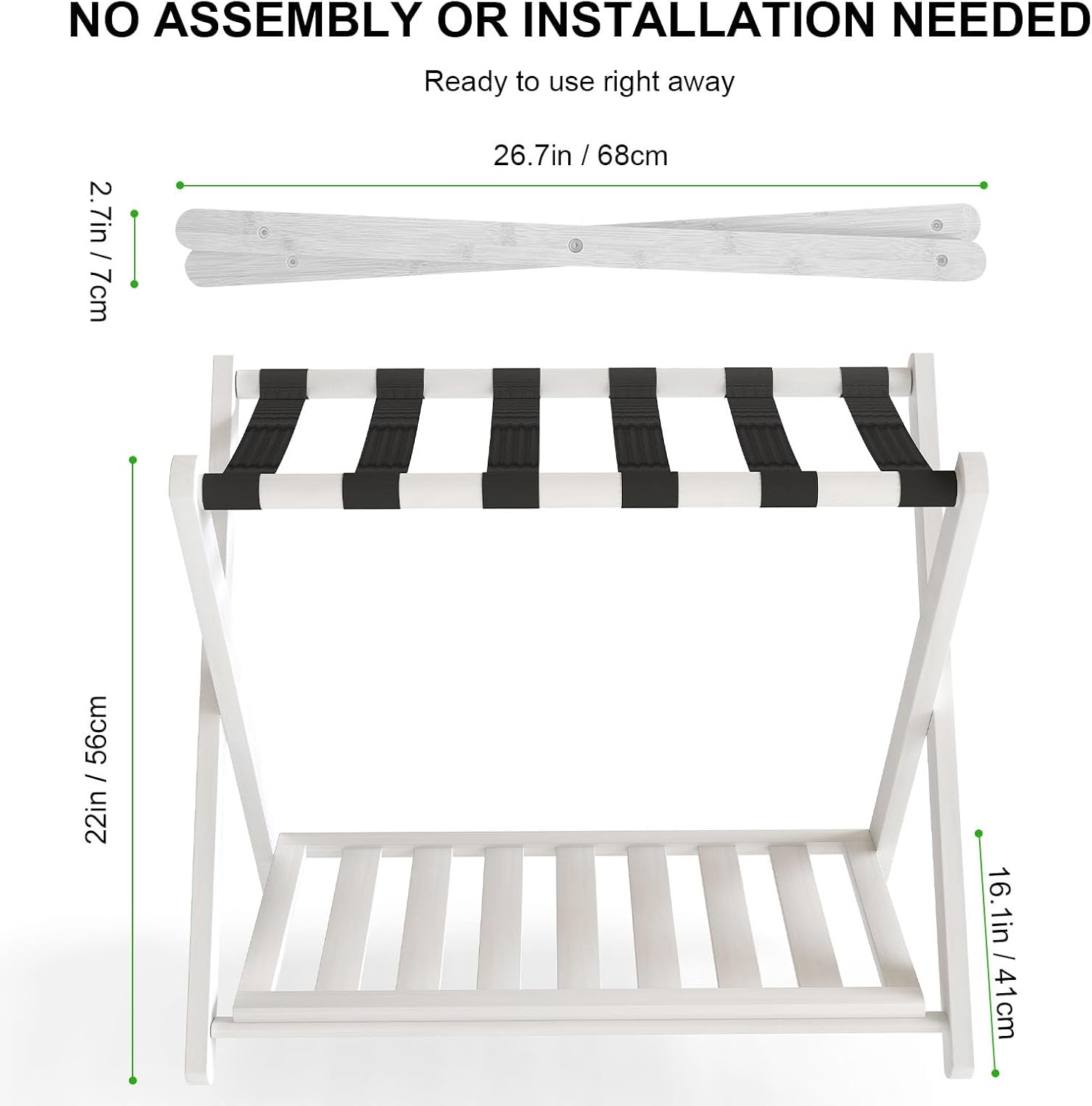 Luggage Rack Suitcase Stand Foldable Bamboos Suitcase Holder with X Shaped Stable Frame and Heavy Duty Nylon Straps for Hotel Bedroom Guest Room (White)