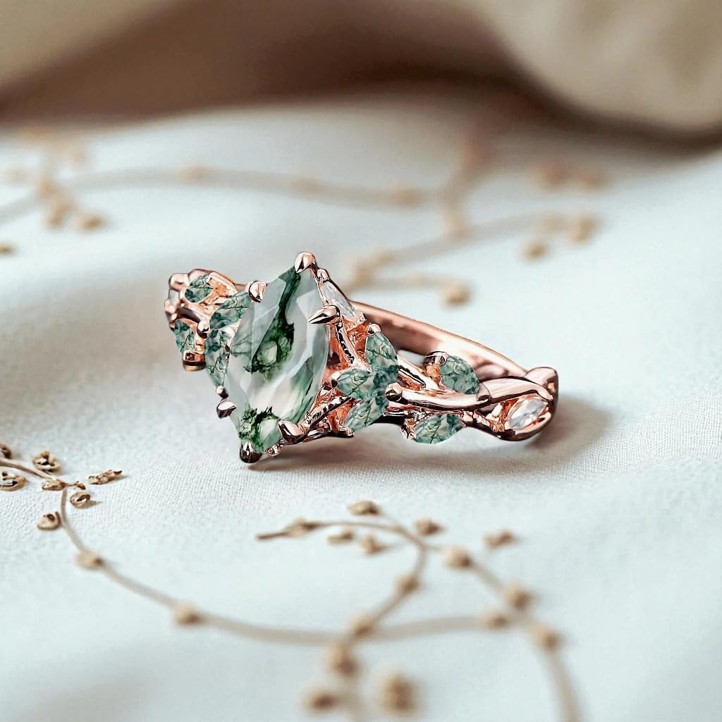 Vintage Marquise Moss Agate Engagement Ring Unique Promise Ring For Her Rose Gold Art Deco Leaf Gemstone Branch Nature Inspired Cluster Ring