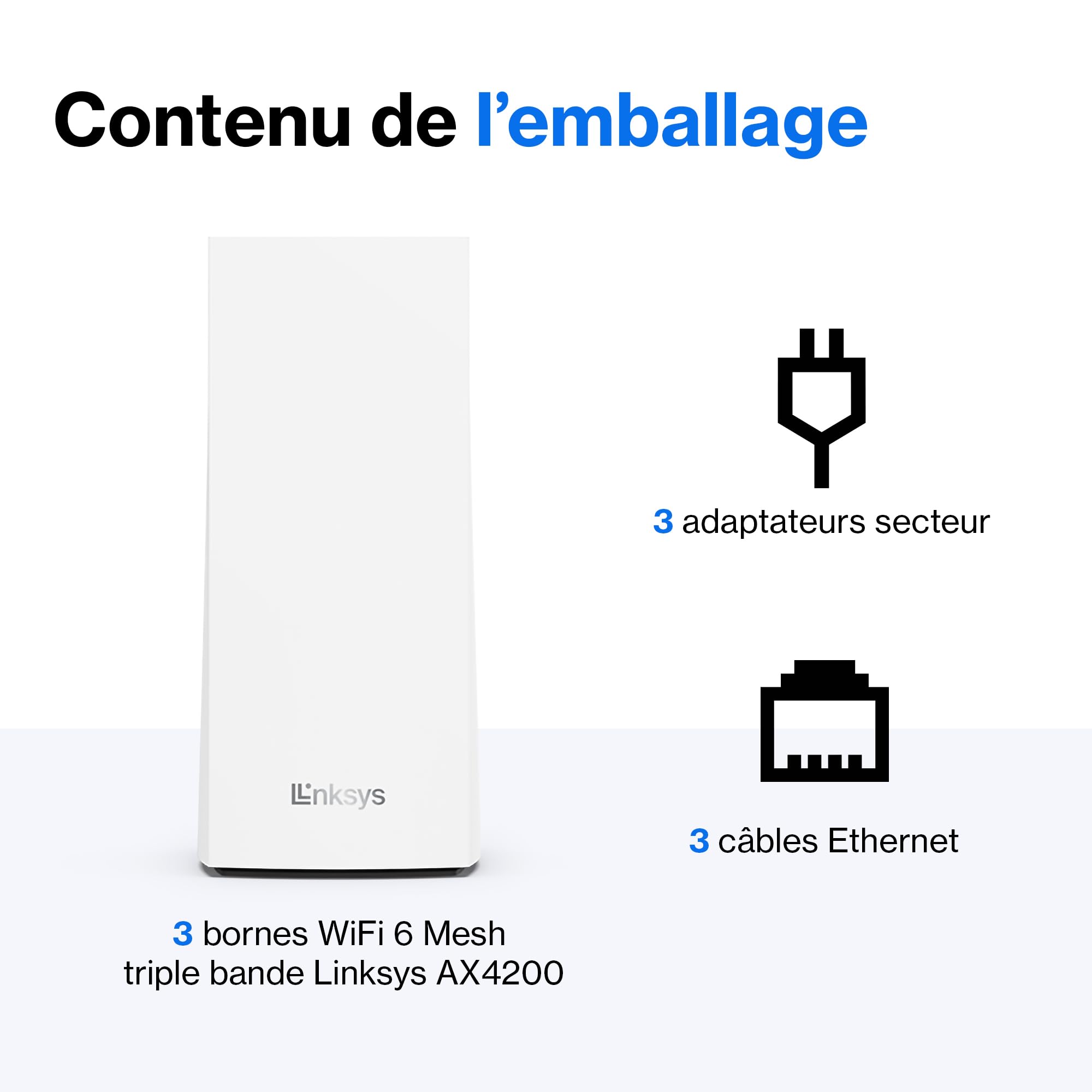 Linksys Système WiFi 6 Mesh triple bande Velop MX12600 (AX4200) (routeur WLAN, jusqu'à 830 m2, pour plus de 120 appareils, pack de 3, blanc)