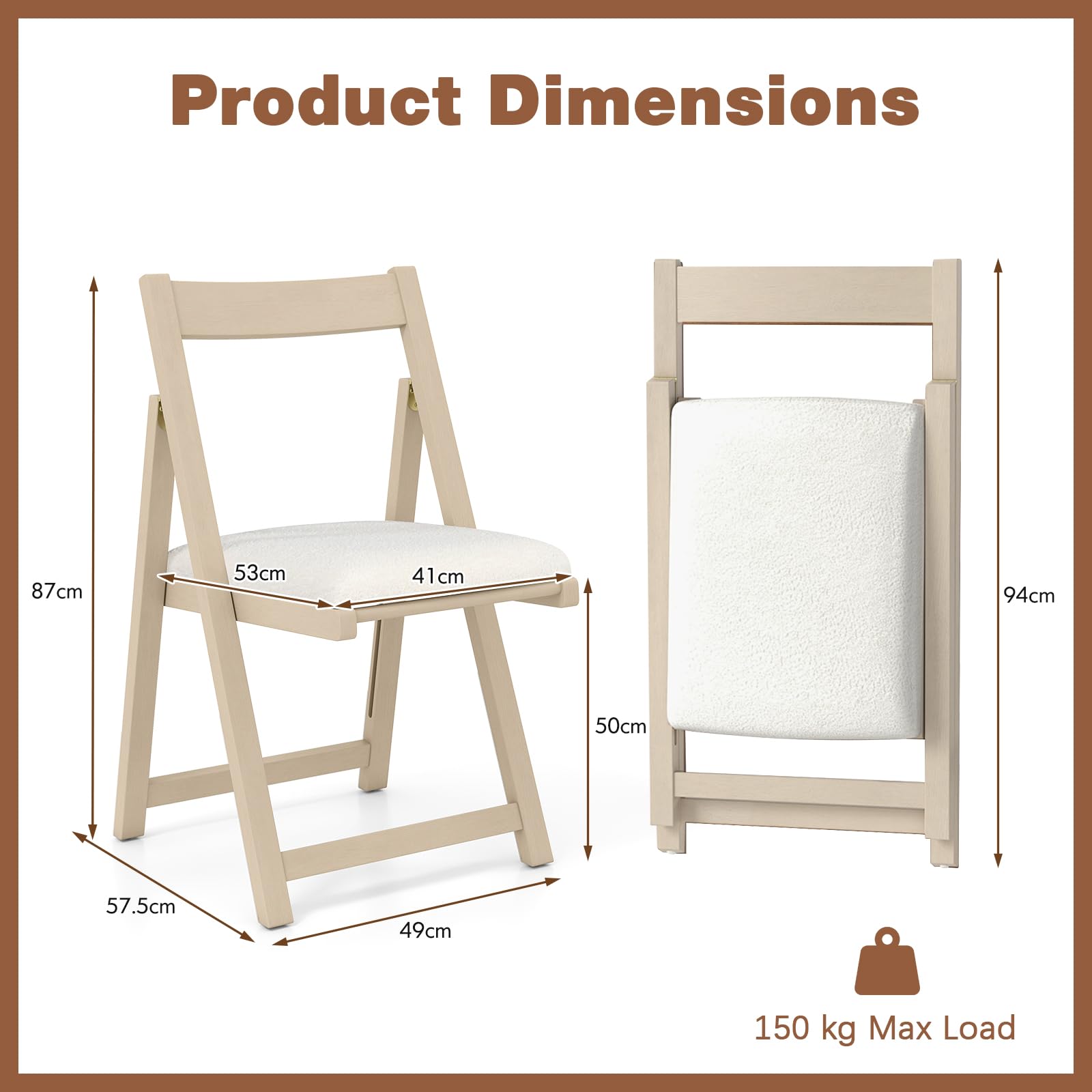 GIANTEX Set di 2 sedie pieghevoli, imbottite, con telaio in legno di gomma e schienale inclinato, per cucina, soggiorno e balcone (beige)
