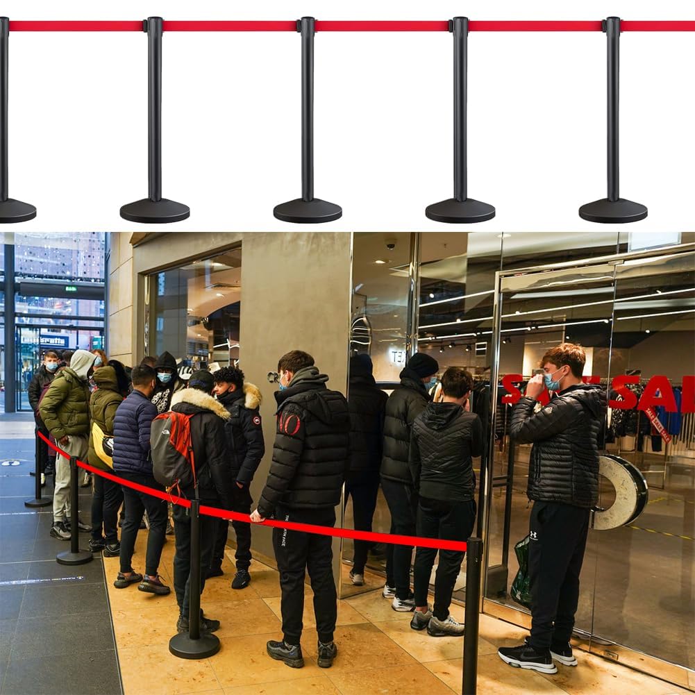 Premium Absperrstab mit Seil - Robuster Crowd Control Bandstab für Warteschlangen, Events & Ladenmanagement, Kohlenstoffstahl Seilabsperrungen,Set mit 6.5 ft/2 m rotem einziehbarem Gürtel (4)