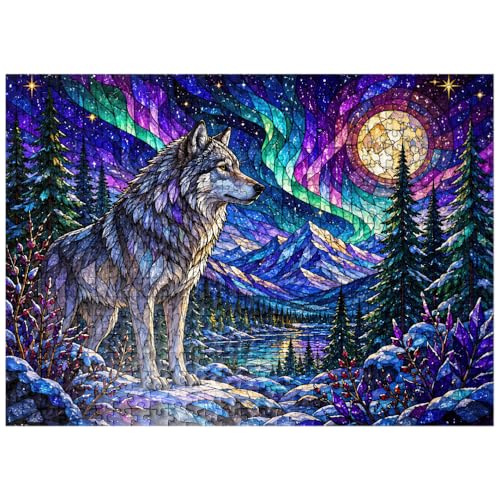 Puzzle de 500 Piezas MyPuzzle Stained Glass Wolf Aurora Forest - Rompecabezas Premium para Adultos miniatura 1