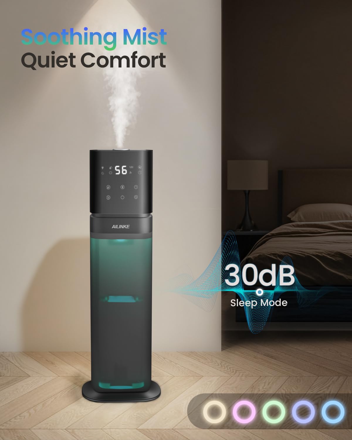 Humidificador Inteligente para Habitación Grande, 2.1 Gal/8 L, con Tubo Extendido y Luz Nocturna, Humidificador de Niebla Fría para Toda la Casa de 1000 Pies²