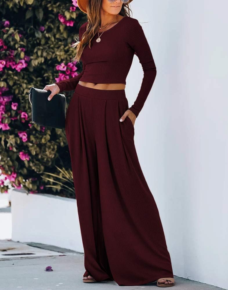 Wide Leg Pant Suits for Women Elegant 2 Piece Solid Outfits Long Sleeve Crop Top High Waist Long Pants with Pockets - Image 2