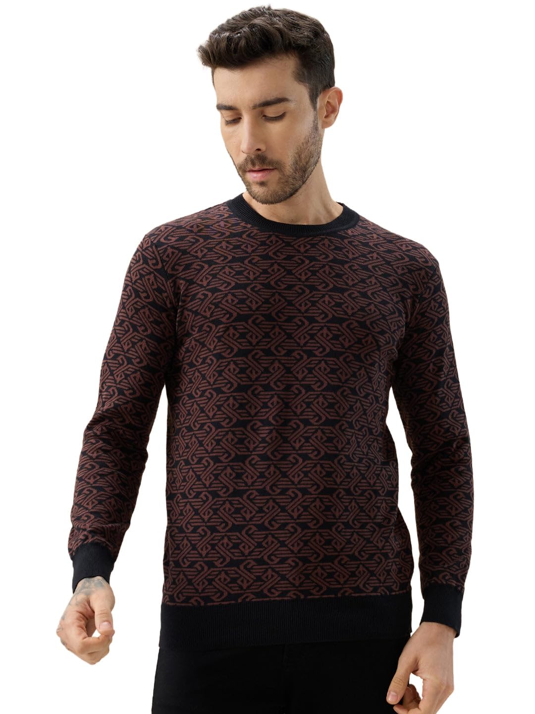 status quo Men's All-Over Monogram Geometric Print Round Neck Full Sleeves Sweater-picture-13