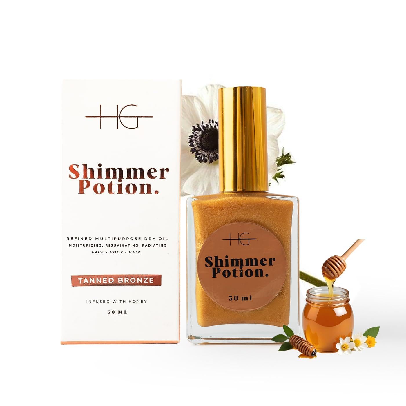 Shimmer Potion Suchy Olejek miodowy, nawilżający i błyszczący olejek do ciała i twarzy (brązowy odcień, 50 ml)