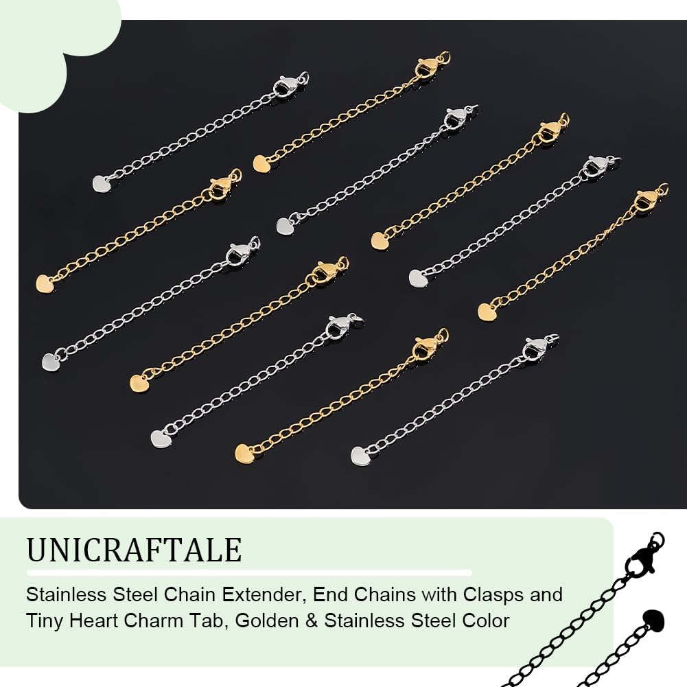 UNICRAFTALE 20Pcs 2 Colors 50mm 304 Stainless Steel Extension Chain Sets End Chains Extension Tails with Clasps and Tiny Heart Charm Chain Extender for Necklace Bracelet Jewelry Making - Image 5