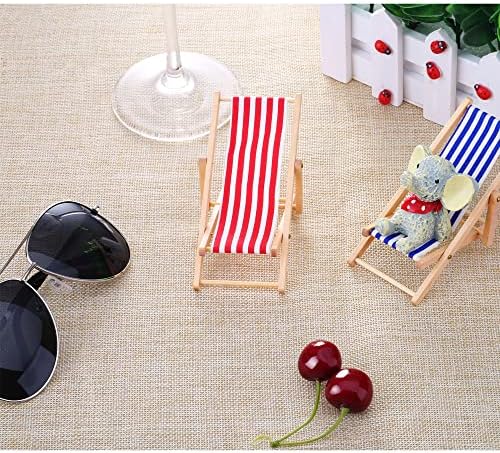 Bememo 2 Pieces 1:12 Miniature Foldable Wooden Beach Chair Chaise Longue Deck Chair Mini Furniture Accessories with Red/ Blue Stripe for Indoor Outdoor