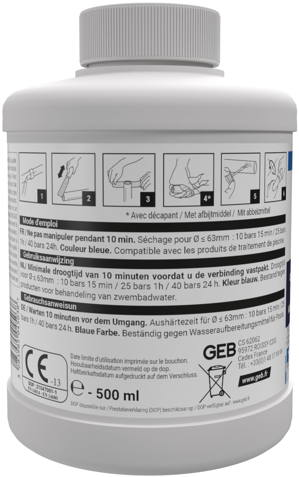 Gebsoblue - Pegamento de PVC especial para piscina jaccuzzi irrigación 500 ml para montar tuberías y accesorios de PVC