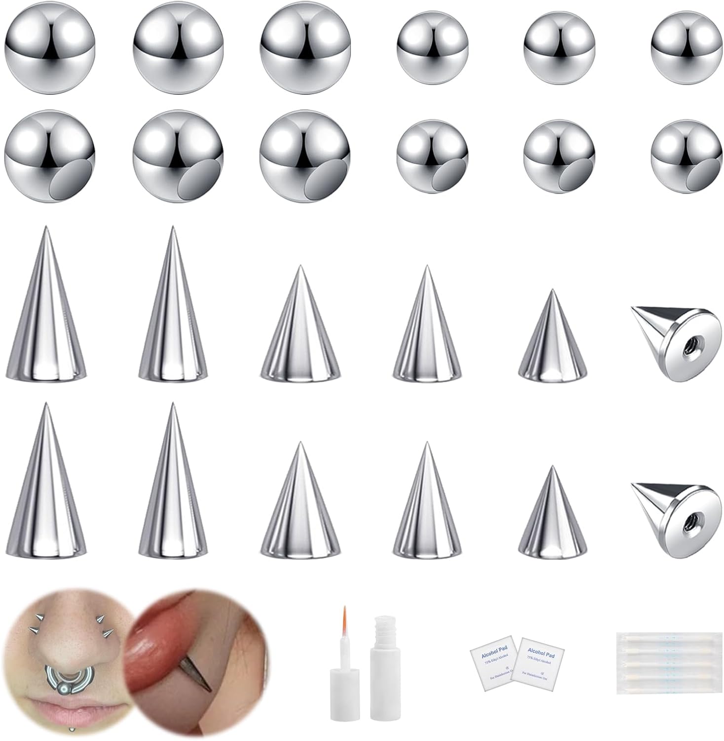 24Pcs Fake Nose Lip Labret Studs Eyebrow Rings, 3mm 4mm Replacement Balls Long Spike Cone with Eyelash Glue, Non-Piercing Body Jewelry Fake Skin Piercing