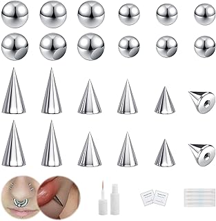 BodyAce 24Pcs Fake Nose Lip Labret Studs Eyebrow Rings, 3mm 4mm Replacement Balls Long Spike Cone with Eyelash Glue, Non-Piercing Body Jewelry Fake Skin Piercing