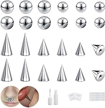 BodyAce 24Pcs Fake Nose Lip Labret Studs Eyebrow Rings, 3mm 4mm Replacement Balls Long Spike Cone with Eyelash Glue, Non-Piercing Body Jewelry Fake Skin Piercing