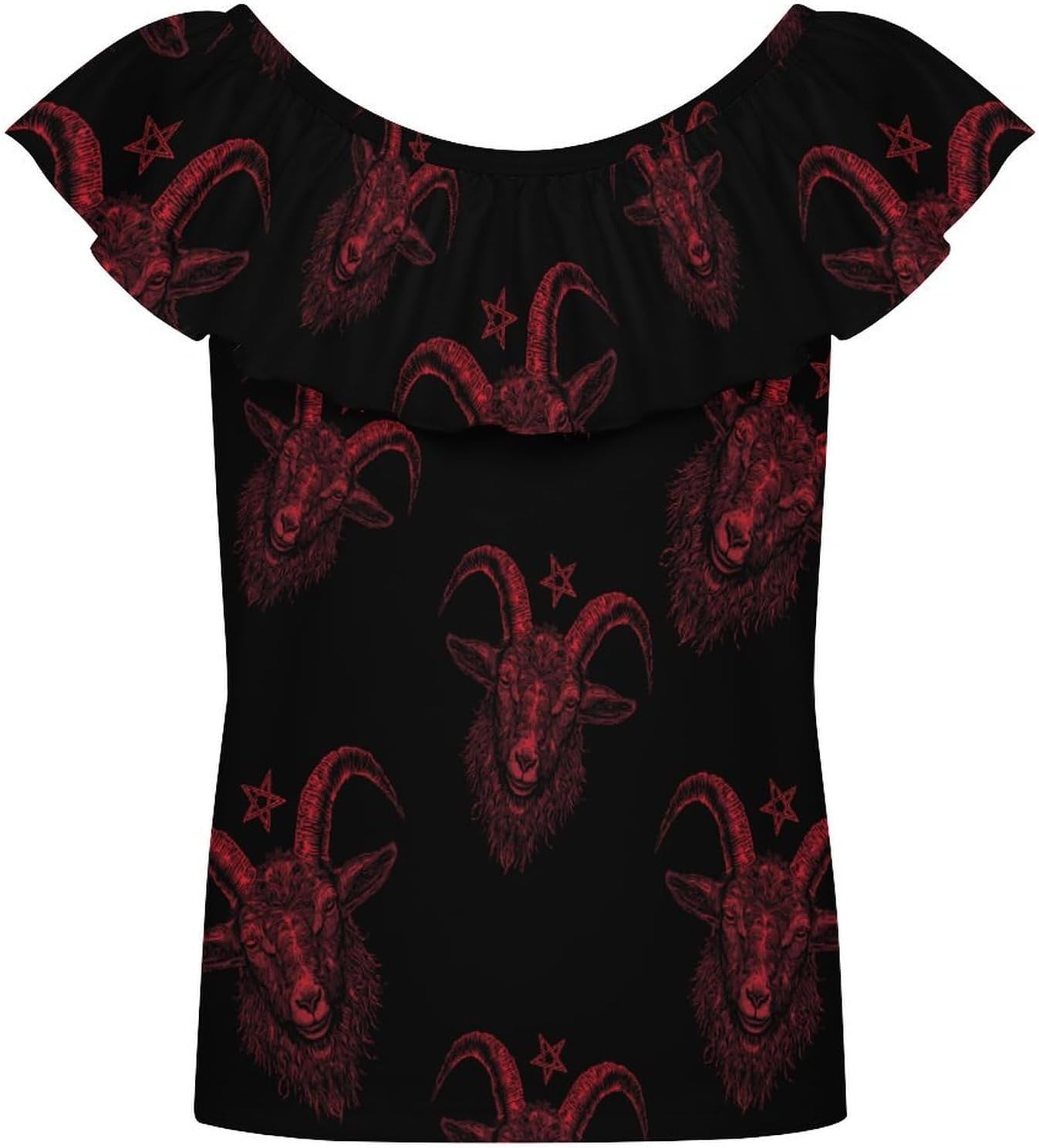 Satanic Goat with Pentagram Girls T-Shirts Top Ruffle Short Sleeve Blouse Casual Graphic Tees
