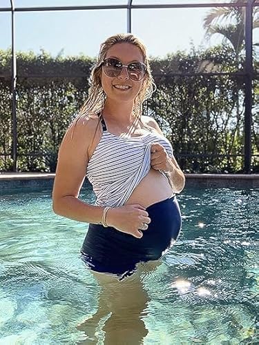 Umstandsbadeanzug Tankini Fashion Ultra Soft Smooth Fabric Badeanzug für Mutterschaft White Stripe S