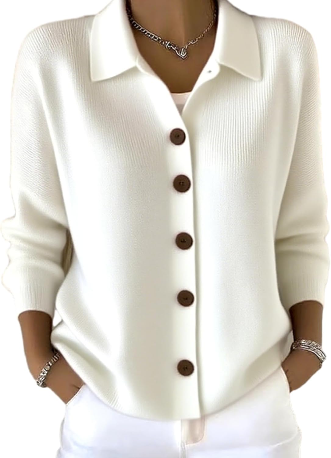 Women Cotton Plain Long Sleeve Comfy Casual Cardigan, Button-Down Knit Collar Sweater for Women