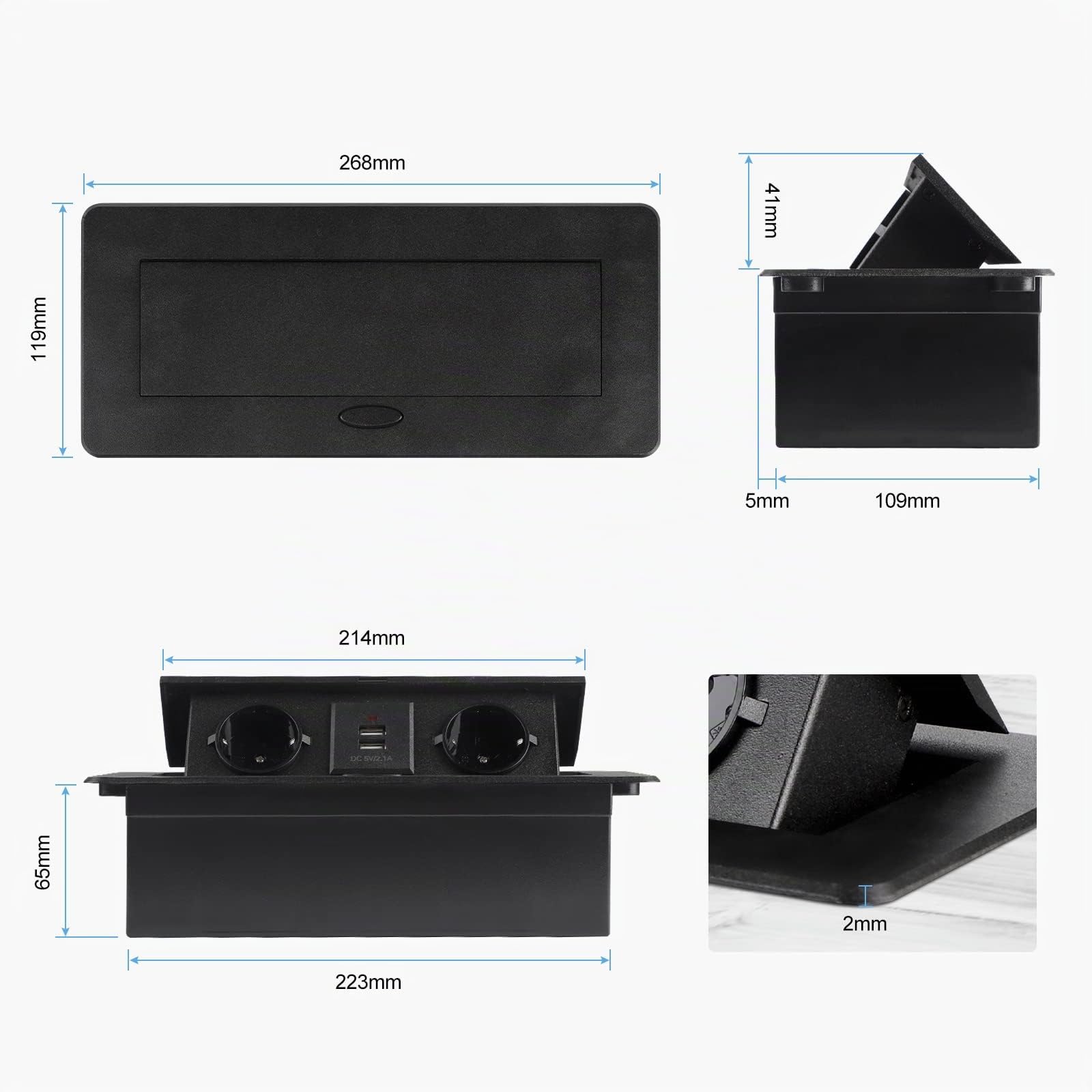 CPROSP Einbausteckdose Versenkbar 2 Fach mit 2 USB/Stecker/1,8 m Kabel