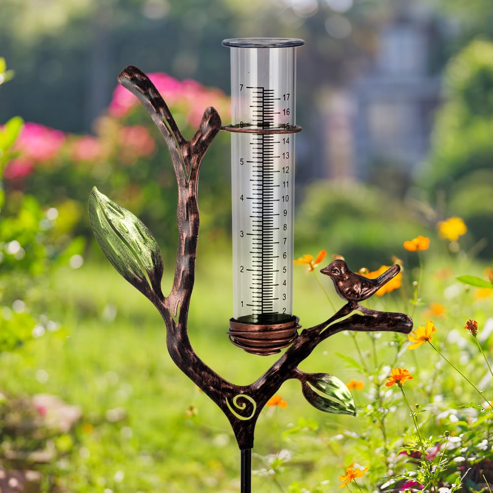 Regenmesser Outdoor Metall Regenmesser mit Pfahl | 17,8 cm Rohr-Regenmessgerät, dekoratives Zweig-Regenmesswerkzeug für Garten, Rasen, Terrasse