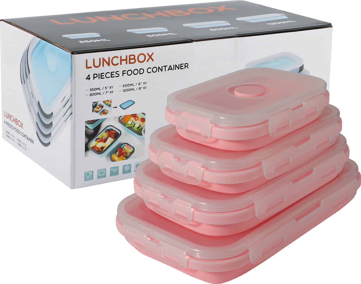 Ulalaza Lunch Box Pieghevole In Silicone (Set 4) - BPA Free, Microonde E Lavastoviglie, Con Posate - 4