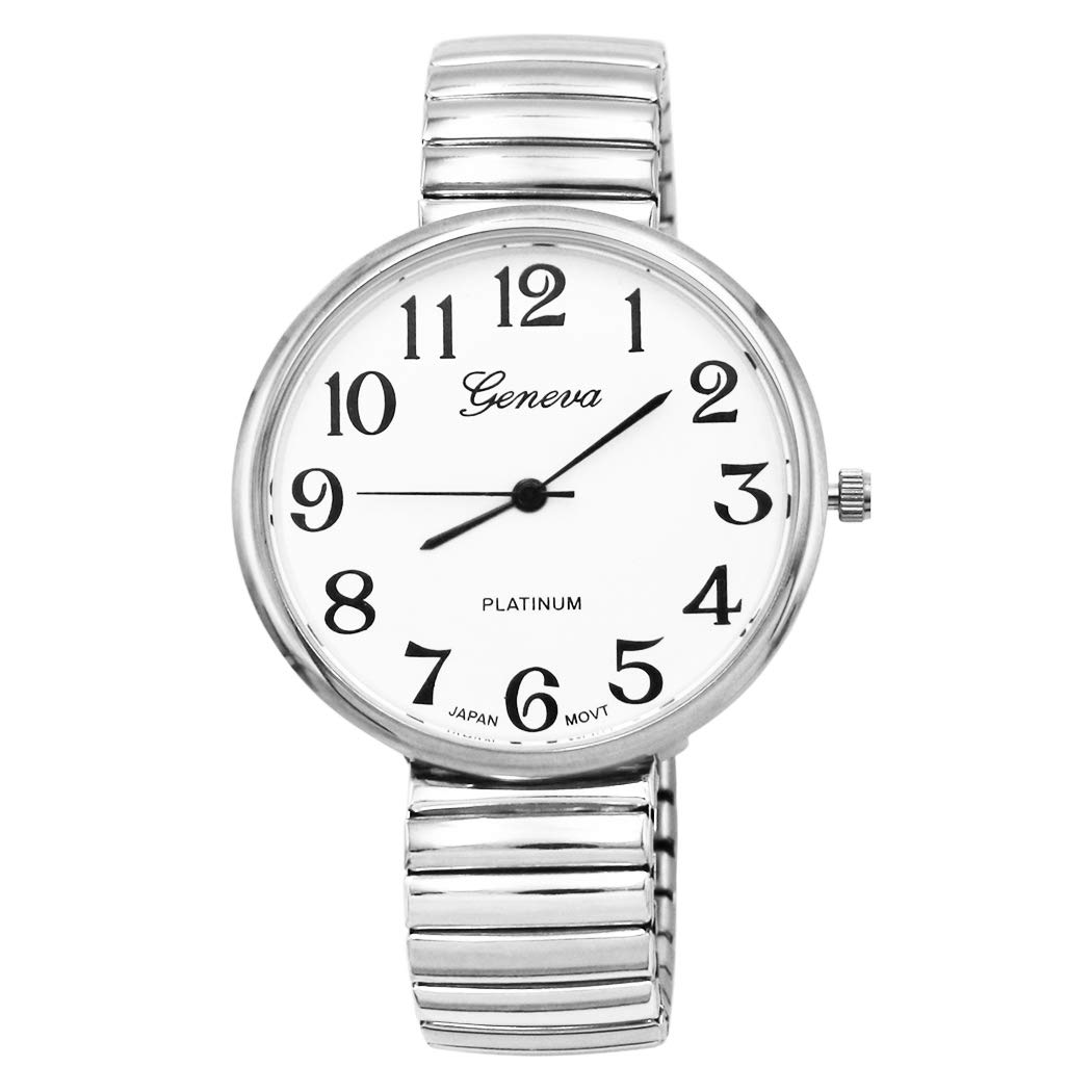Rosemarie CollectionsWomen's Extra Large 1.75 Inch Round Face Geneva Stretch Band Watch Unisex (Extra Large Face/Silver Tone), Silver