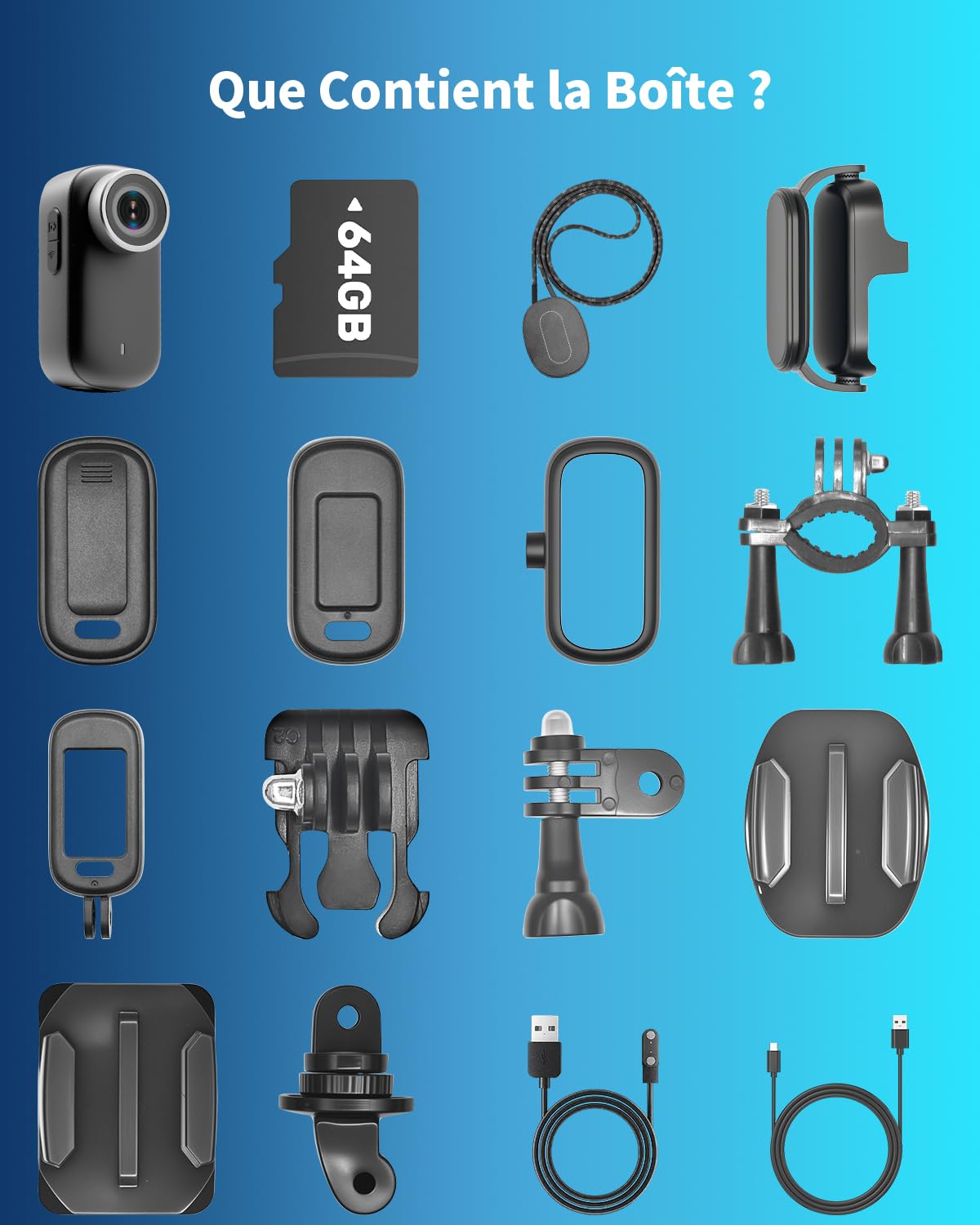 Caméra Sport 4K WiFi, 64GB Mini Caméra Cam, 150° Caméra d'action avec Écran Caméras Corporelles Vlog Camera Sportive Caméscope de Casque Moto Multifonction Accessoires