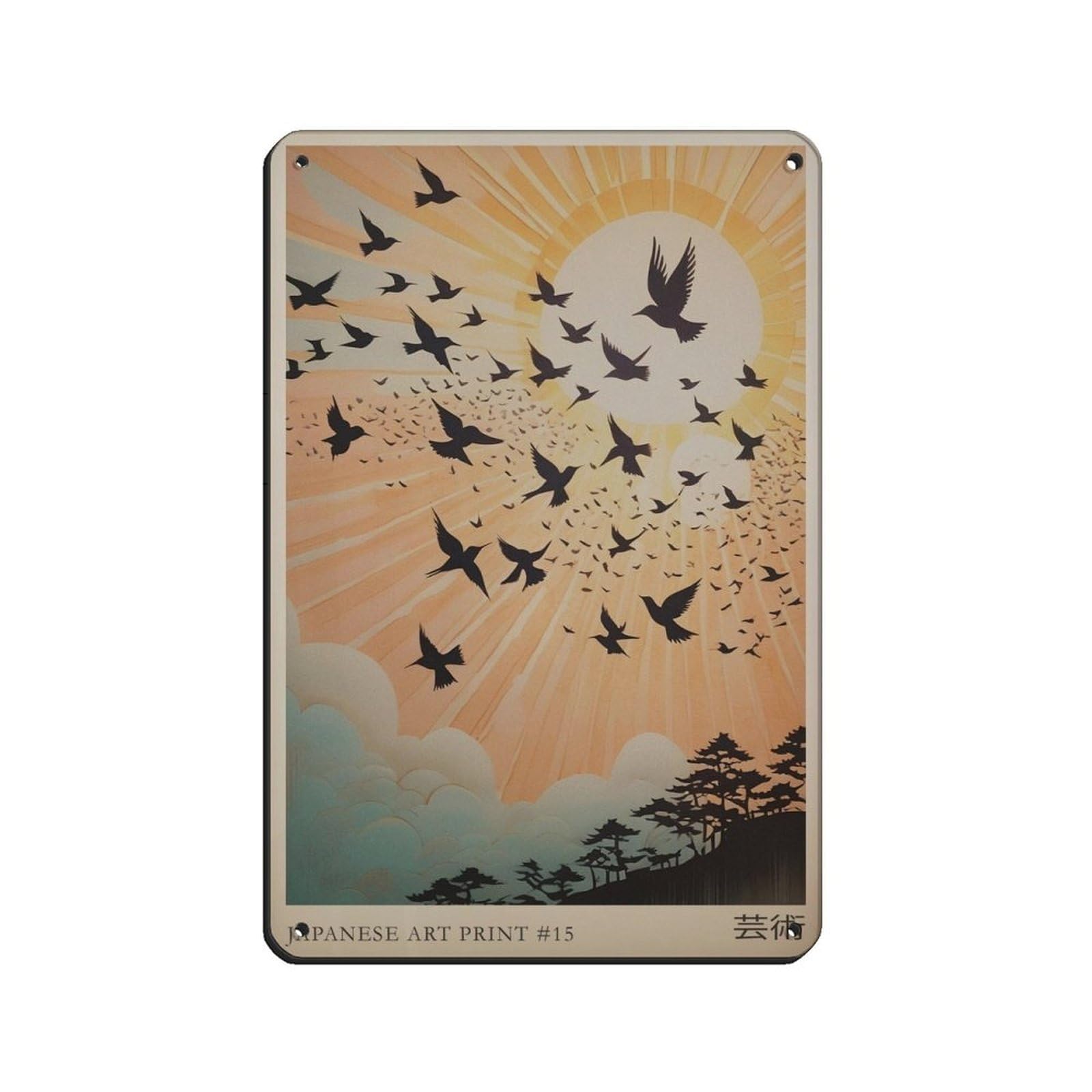 Japanese Bird Art, Japanese Sunset Landscape Poster Retro Poster Metal Tin Sign Chic Art Retro Iron Painting Bar People Cave Cafe Family Garage Poster Wall Decoration 8x12inch(20x30cm)