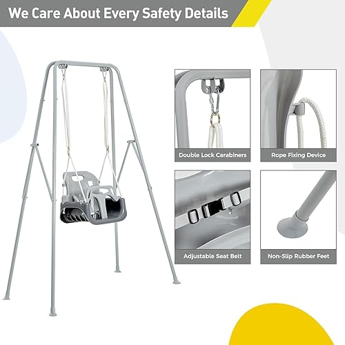 Miniatura 4 de FUNLIO Columpio para niños pequeños con soporte de metal plegable para niños pequeños de 1 a 10 años, juego de columpio 3 en 1 con 4 sacos de arena