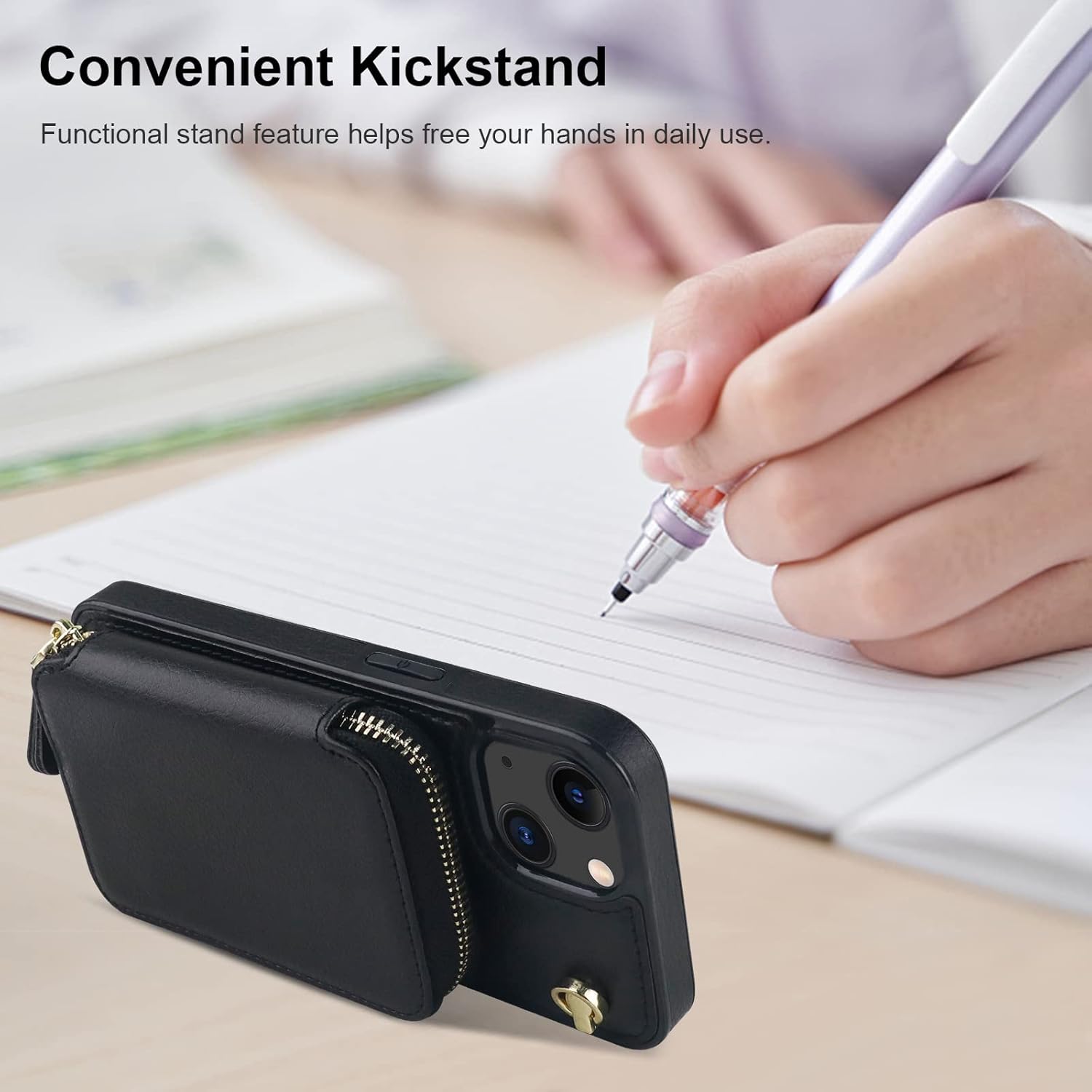 Bocasal Crossbody Wallet Case for iPhone 14 iPhone 13, RFID Blocking Leather Purse Case with Card Holder, Protective Handbag Flip Cover with Zipper Wrist Strap Lanyard for Women 5G 6.1 Inch (Black) - Image 6