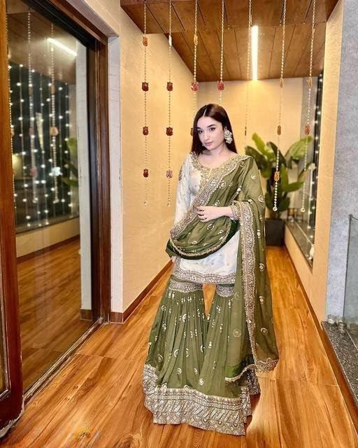 Image of Shishkala Women's Off-White Embroidered Kurta with Green Sharara & Dupatta Set - 3 /4 Sleeve, Round Neck, Above Knee Length | Party | Wedding