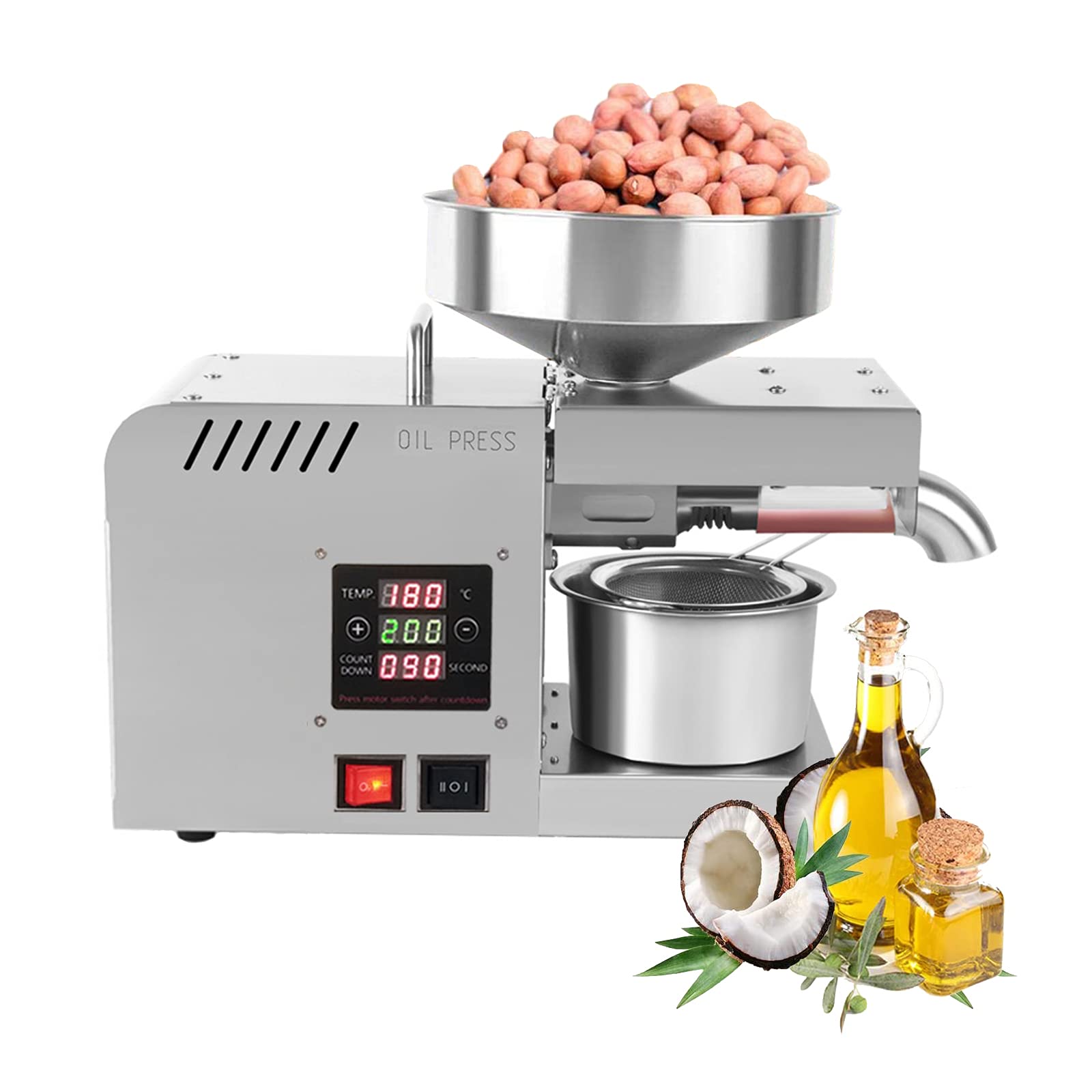 Presse À Huile en Acier Inoxydable 610 W avec Système De Contrôle De Température Intelligent Adapté pour Les Cacahuètes, Les Noix De Pécan, Les Graines De Lin, Les Amandes, Le Canola, Le Soja, 11
