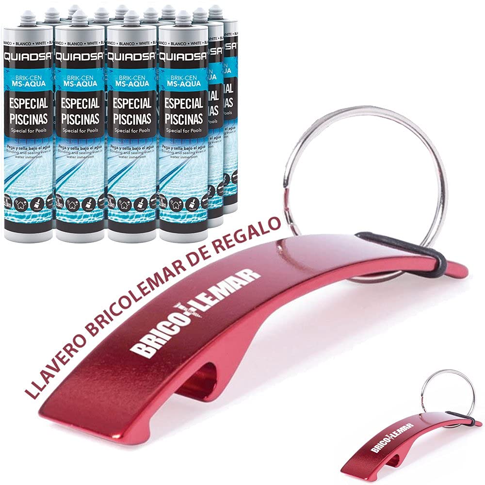 Kit 12 Cartuchos Sellador Adhesivo MS Especial Piscina BRIK-CEN MS-AQUA de 290ml blanco + Llavero/Abrebotellas de Regalo (12 Cartuchos 290ml, Blanco)