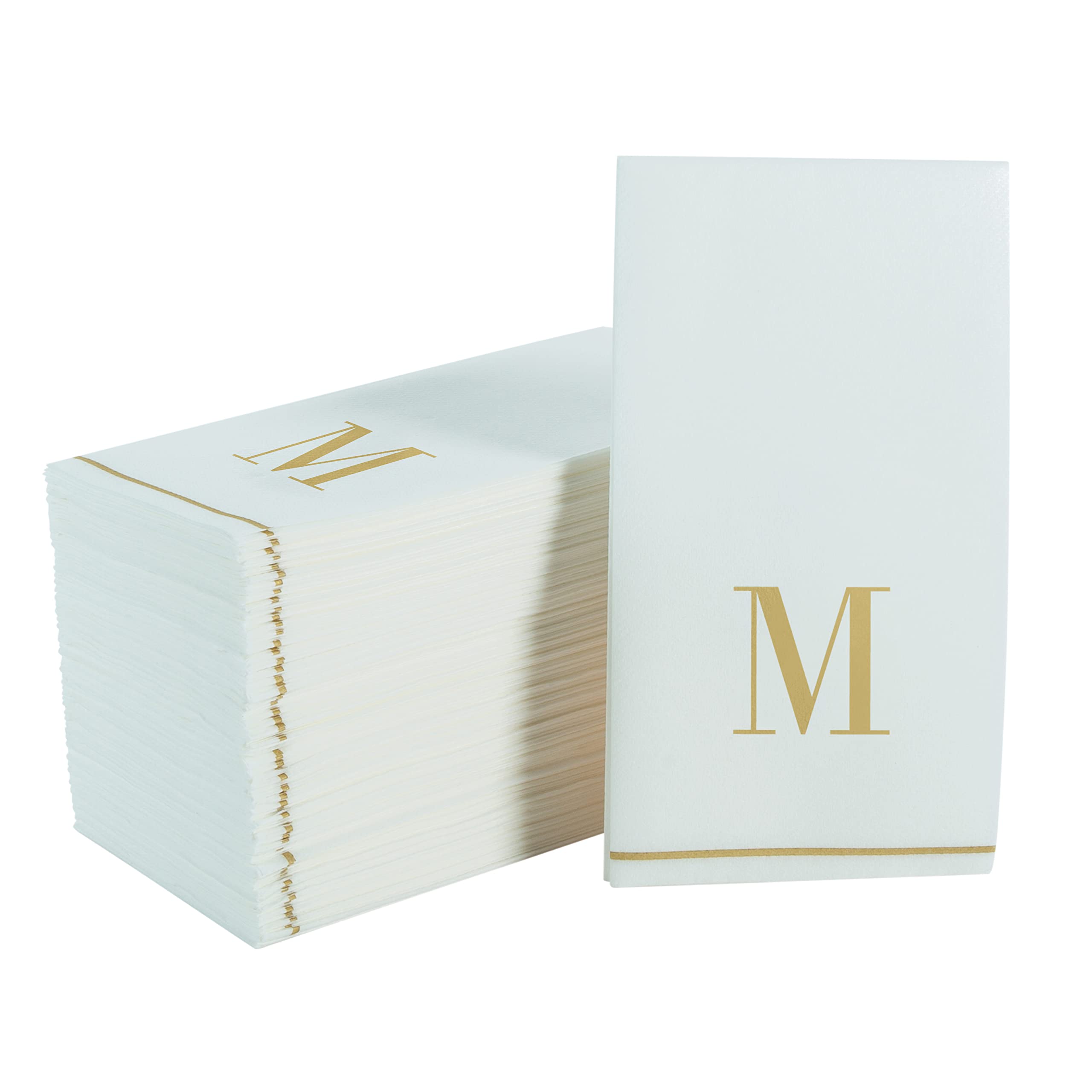 112 Pack Monogram Napkins | Letter M Initial | Disposable | Premium Airlaid | Linen Feel | Decorative Table Setting | Guest Towel Napkin | White and Gold