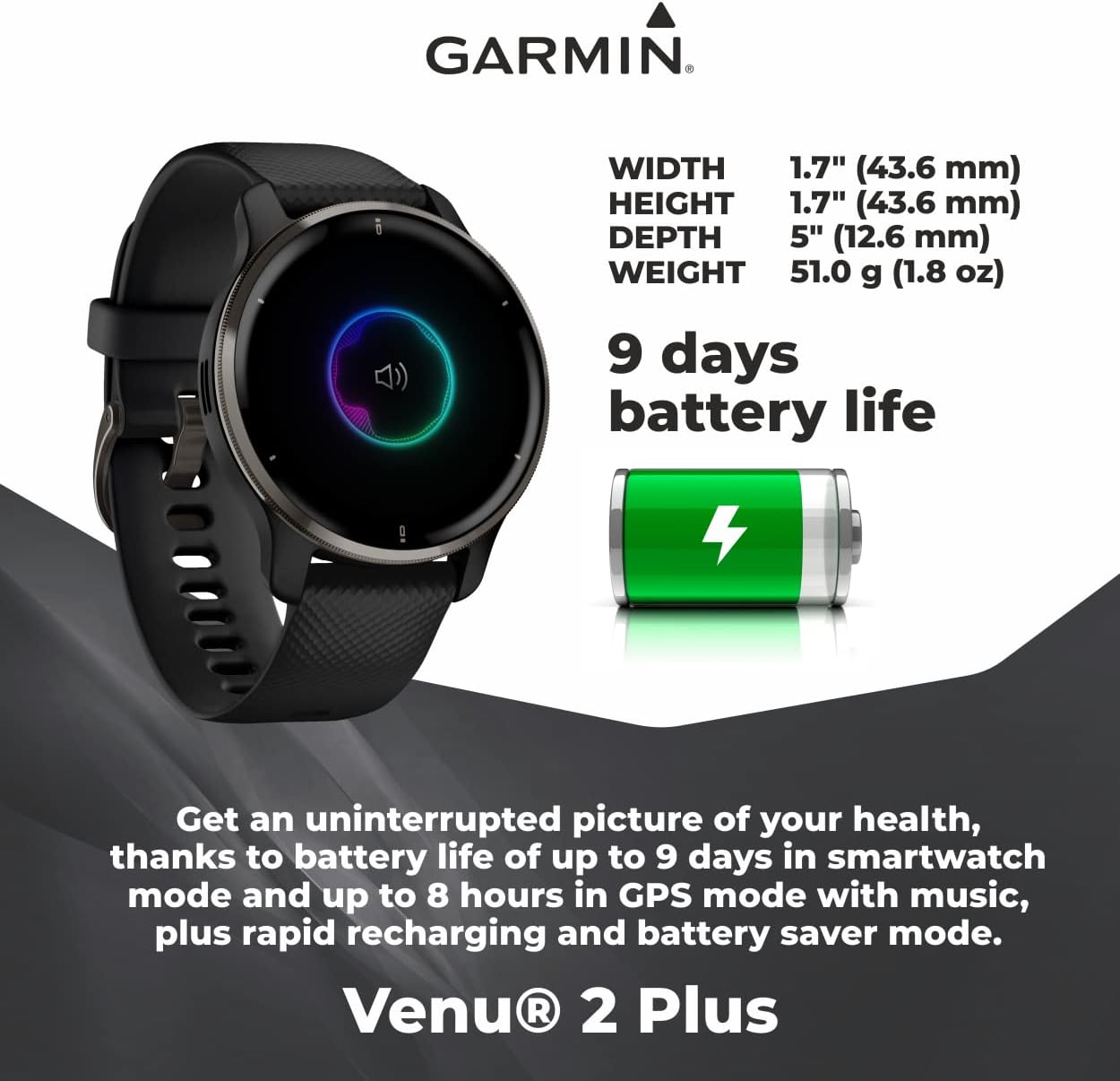 wearable4u garmin venu 2 plus gps multisport smartwatch 1 7 in with call and text music adv hmff slate bezel with black case black earbuds bundl
