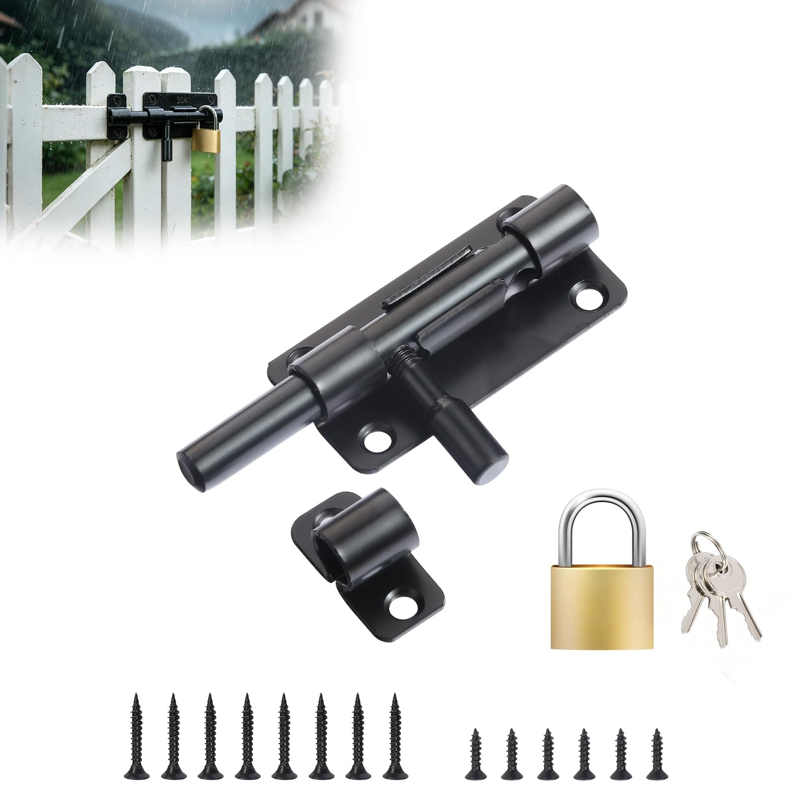 Slide Gate Latch Bolt 4"(95mm), Door Lock Bolt with Padlock & Screws